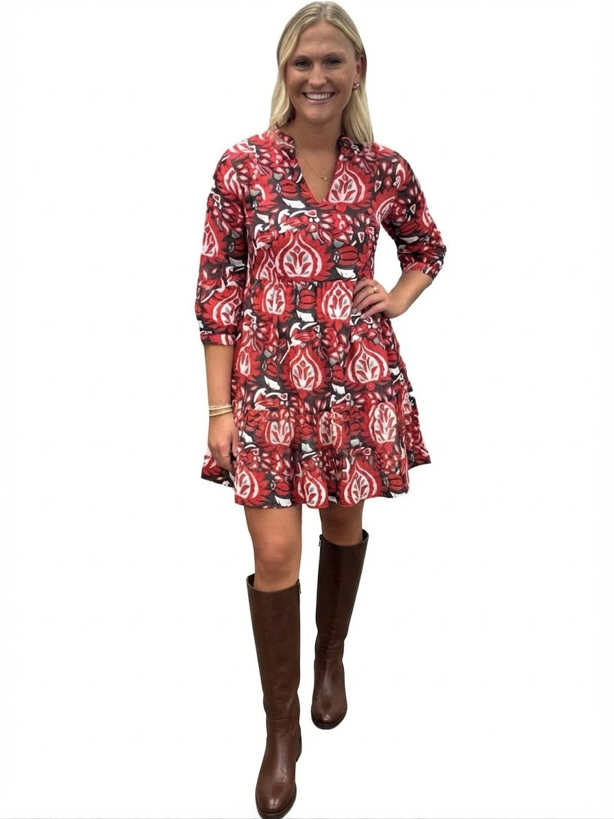 The Preston 3/4 Sleeve Cotton Dress in Red and Brown Abstract