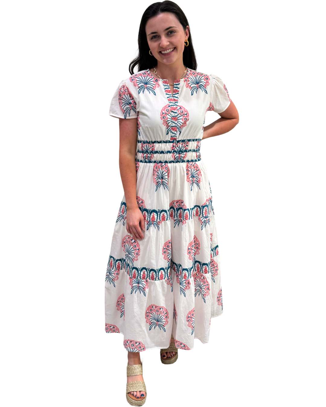 The Sydney Cotton Hand Block Printed Floral Dress in Pink — view 6