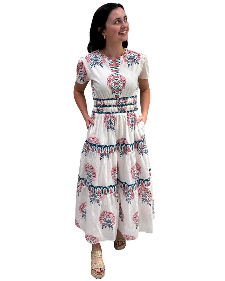 The Sydney Cotton Hand Block Printed Floral Dress in Pink — view 3