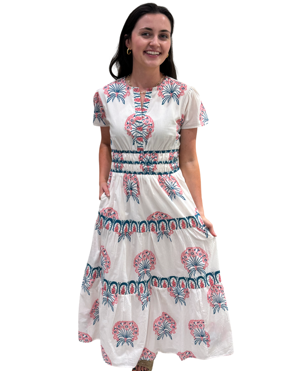 The Sydney Cotton Hand Block Printed Floral Dress in Pink — view 2