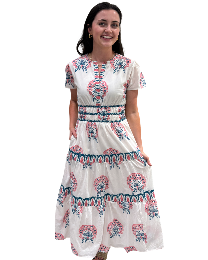 The Sydney Cotton Hand Block Printed Floral Dress in Pink — view 2