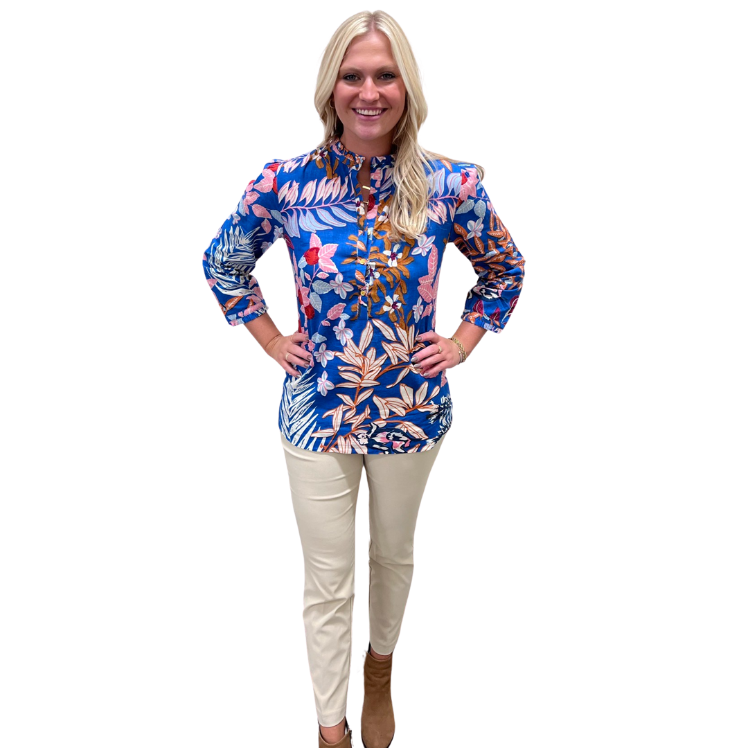 The Eleanor Button Placket Top in Brilliant Blue Floral