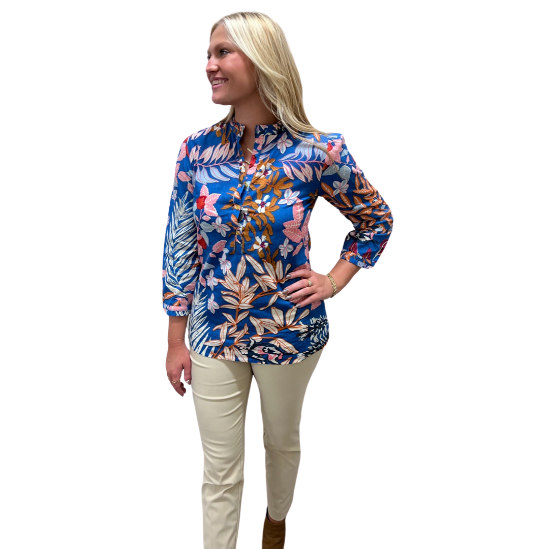The Eleanor Button Placket Top in Brilliant Blue Floral — view 2