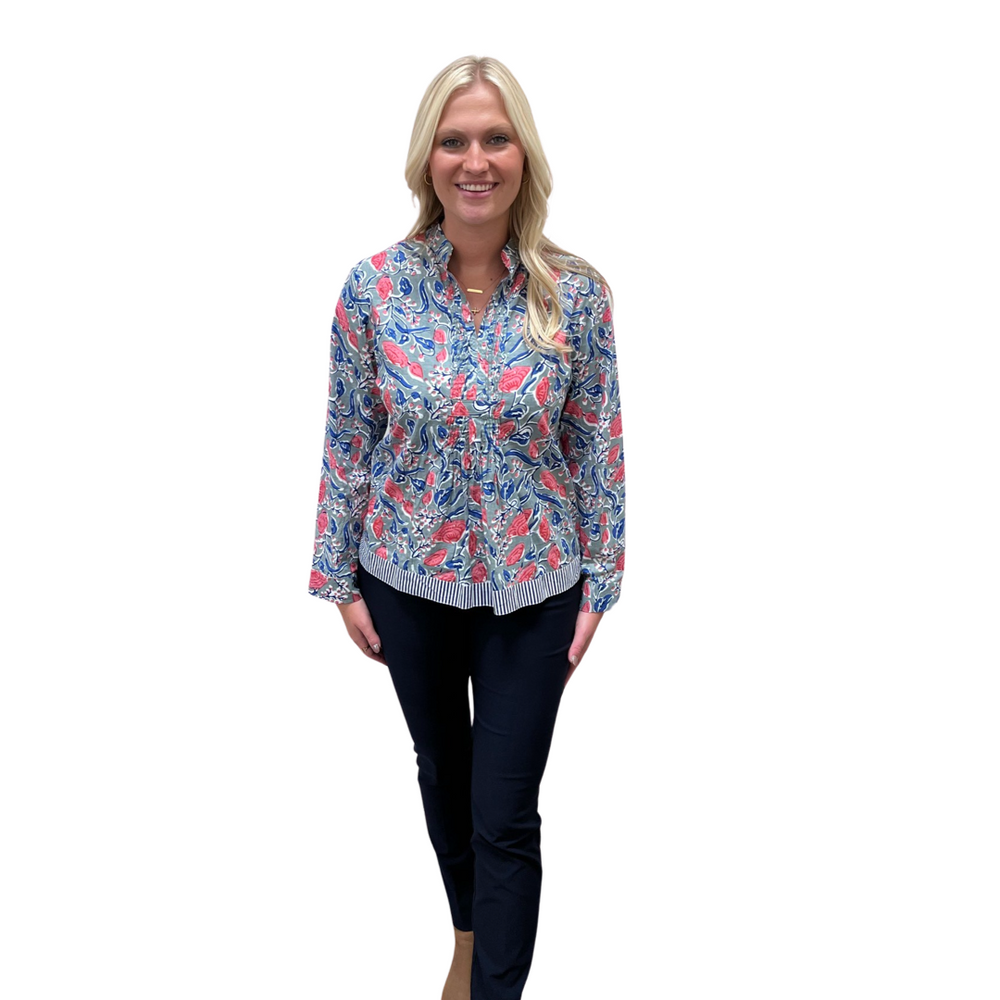 The Alexis Block Print Top in Pink and Blue Floral — view 2