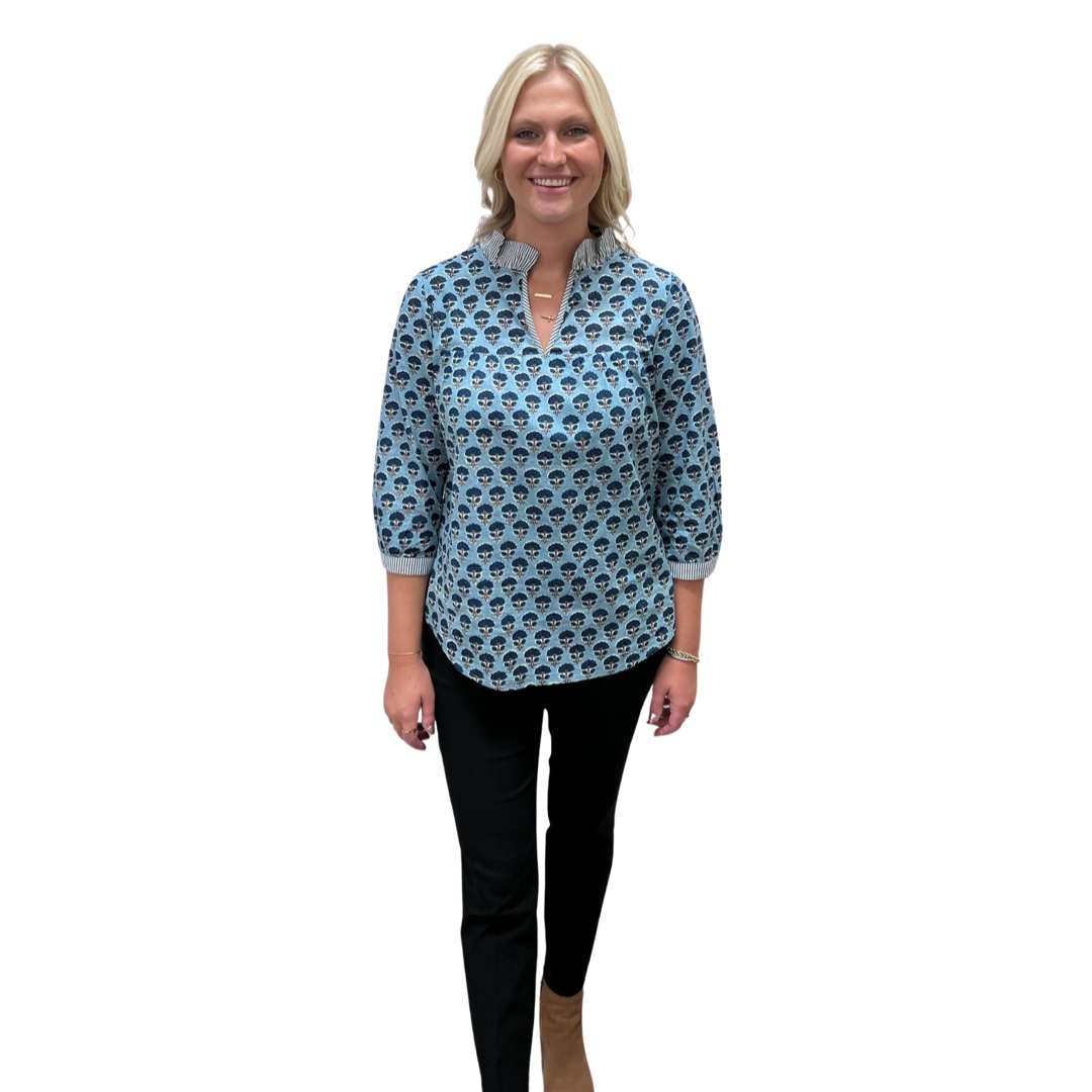 The Milly Cotton Block Print Top in Teal — view 2