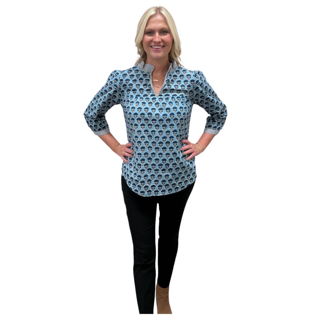 The Milly Cotton Block Print Top in Teal