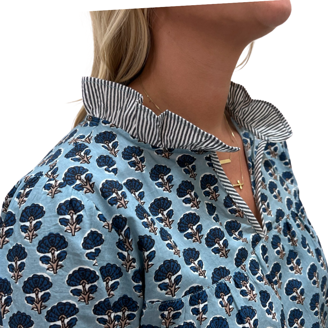 The Milly Cotton Block Print Top in Teal — view 3