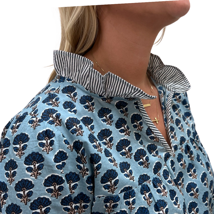 The Milly Cotton Block Print Top in Teal — view 3