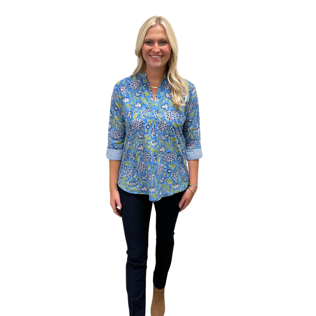 The Eloise Blue And Green Floral Block Print Top — view 5