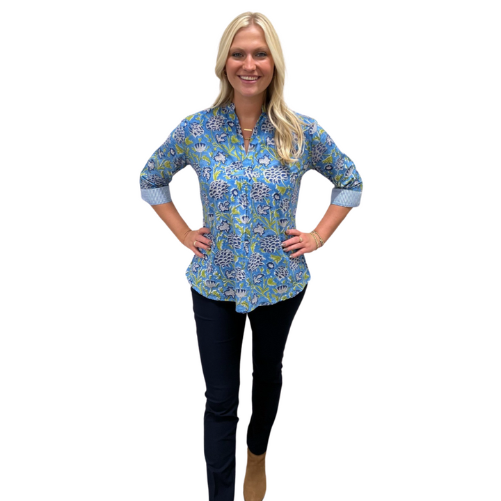 The Eloise Blue And Green Floral Block Print Top — view 4