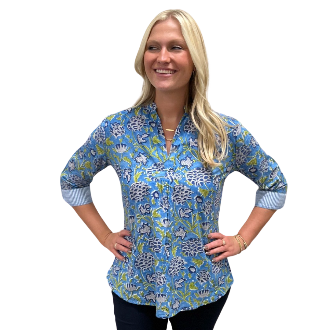 The Eloise Blue And Green Floral Block Print Top — view 3