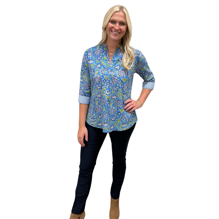 The Eloise Blue And Green Floral Block Print Top