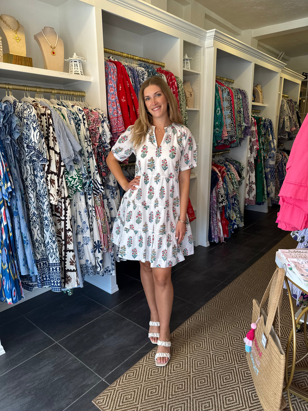 The Dahlia Smocked Neck Dress in White Floral Pink and Turquoise Motif — view 3