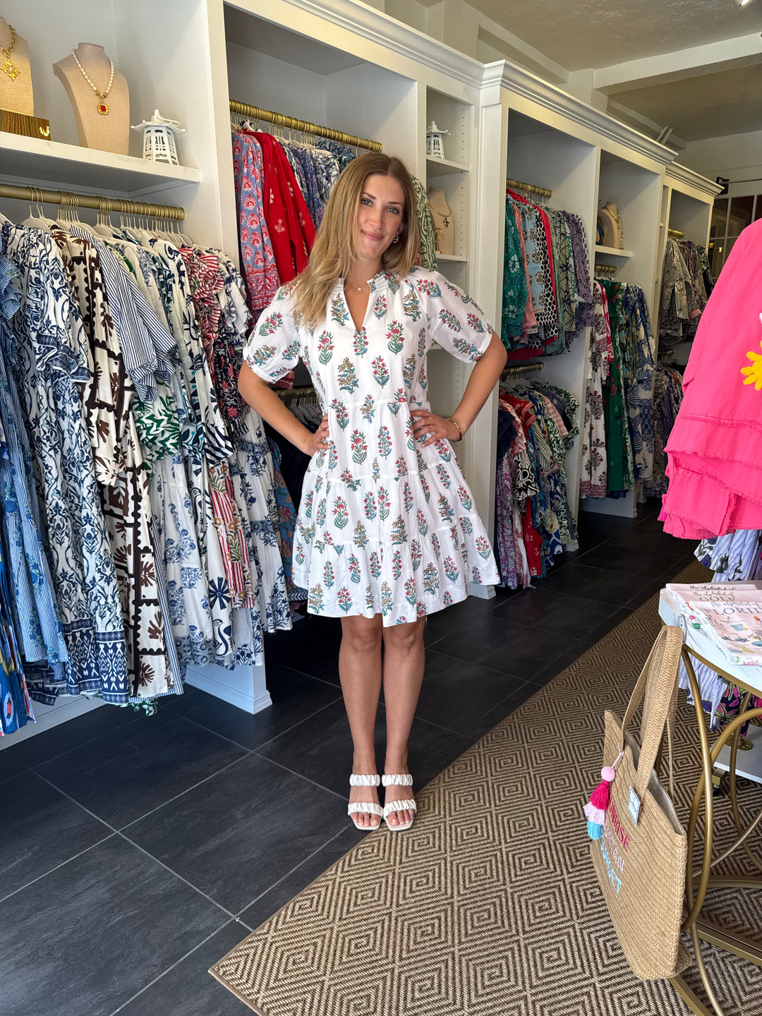The Dahlia Smocked Neck Dress in White Floral Pink and Turquoise Motif — view 4