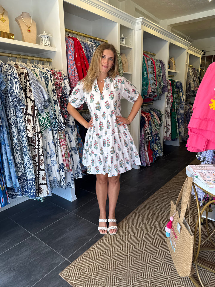 The Dahlia Smocked Neck Dress in White Floral Pink and Turquoise Motif — view 4
