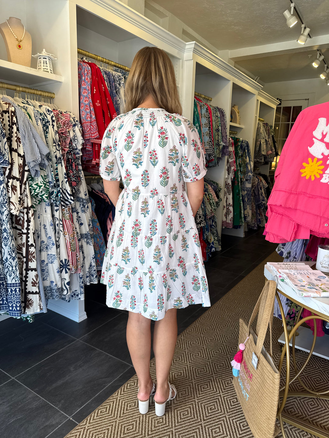 The Dahlia Smocked Neck Dress in White Floral Pink and Turquoise Motif — view 5