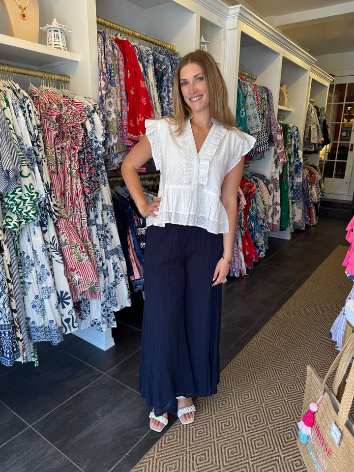 The Bella Ruffle Trimmed Top in White Jacquard — view 3