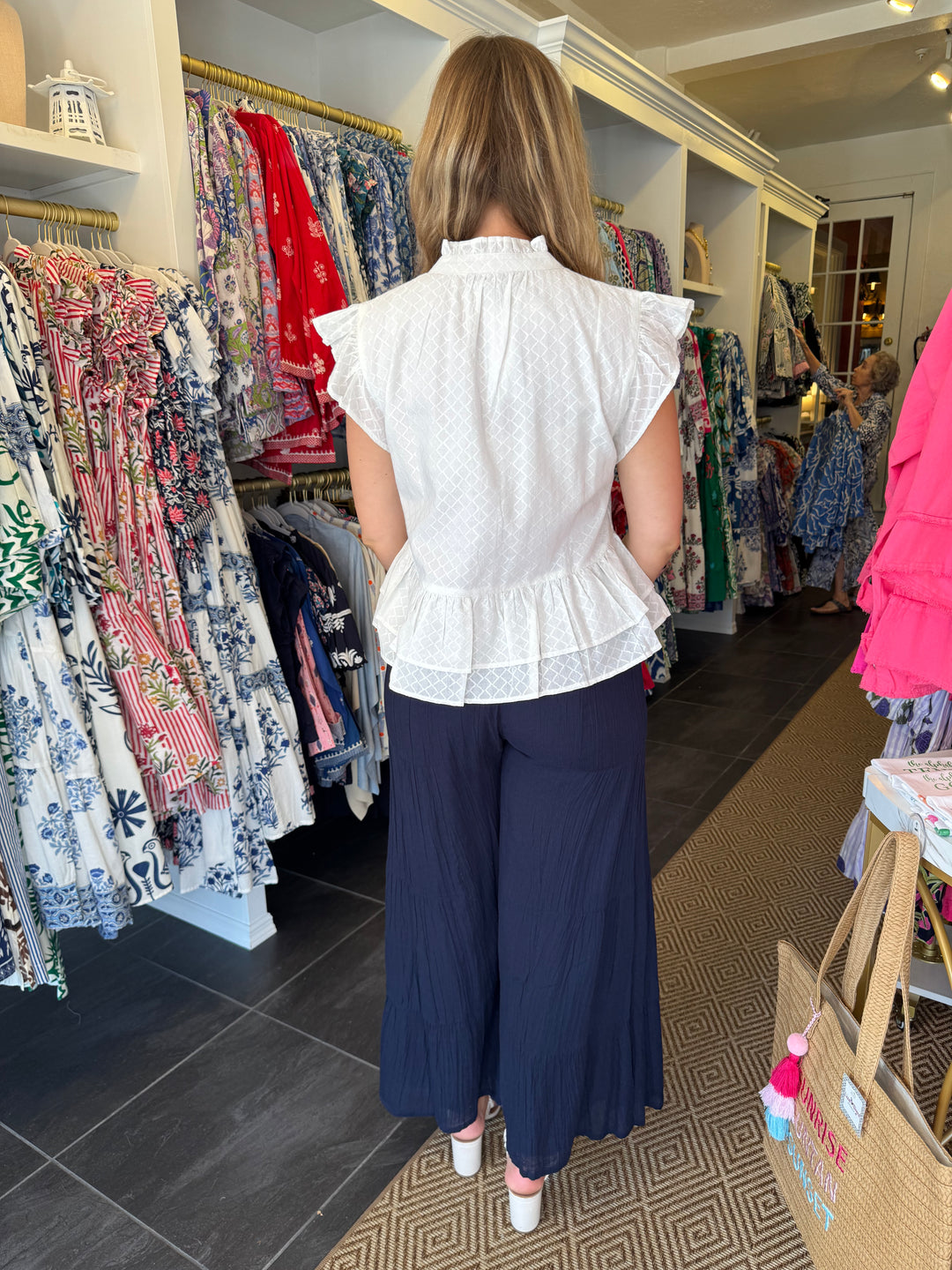 The Bella Ruffle Trimmed Top in White Jacquard — view 5