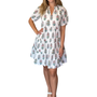 The Dahlia Smocked Neck Dress in White Floral Pink and Turquoise Motif