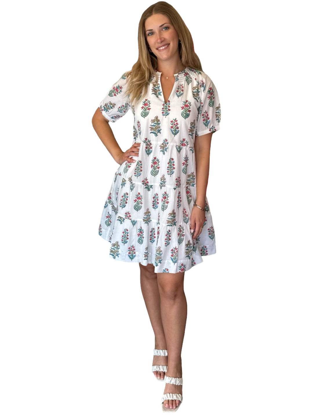 The Dahlia Smocked Neck Dress in White Floral Pink and Turquoise Motif