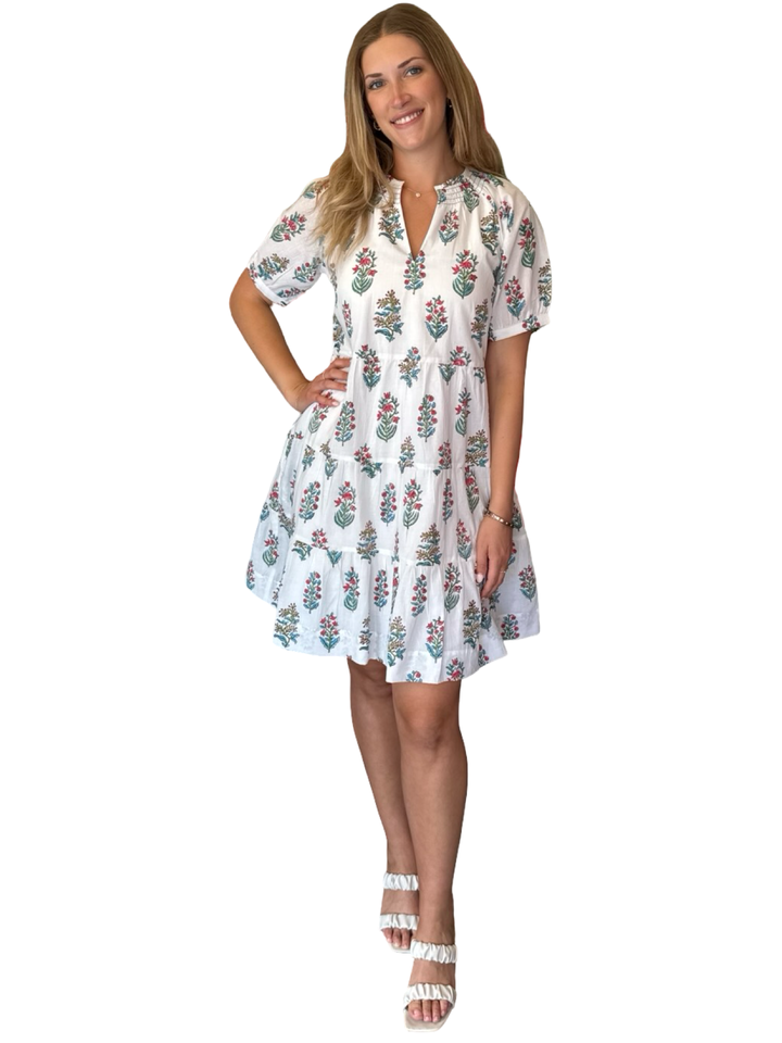 The Dahlia Smocked Neck Dress in White Floral Pink and Turquoise Motif