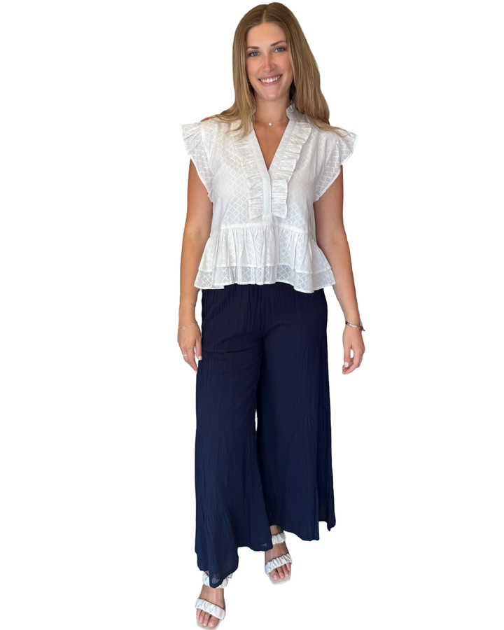 The Bella Ruffle Trimmed Top in White Jacquard