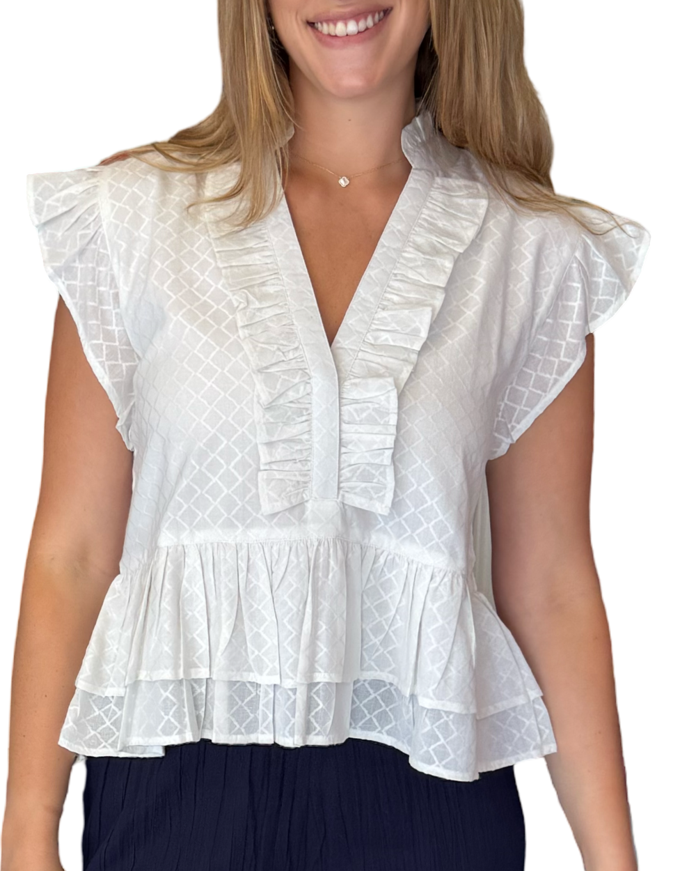 The Bella Ruffle Trimmed Top in White Jacquard — view 2