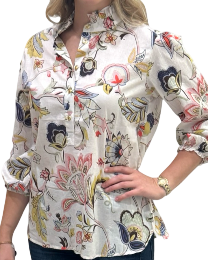 The Tricia Hand Block Printed Top in Ivory Floral — view 6