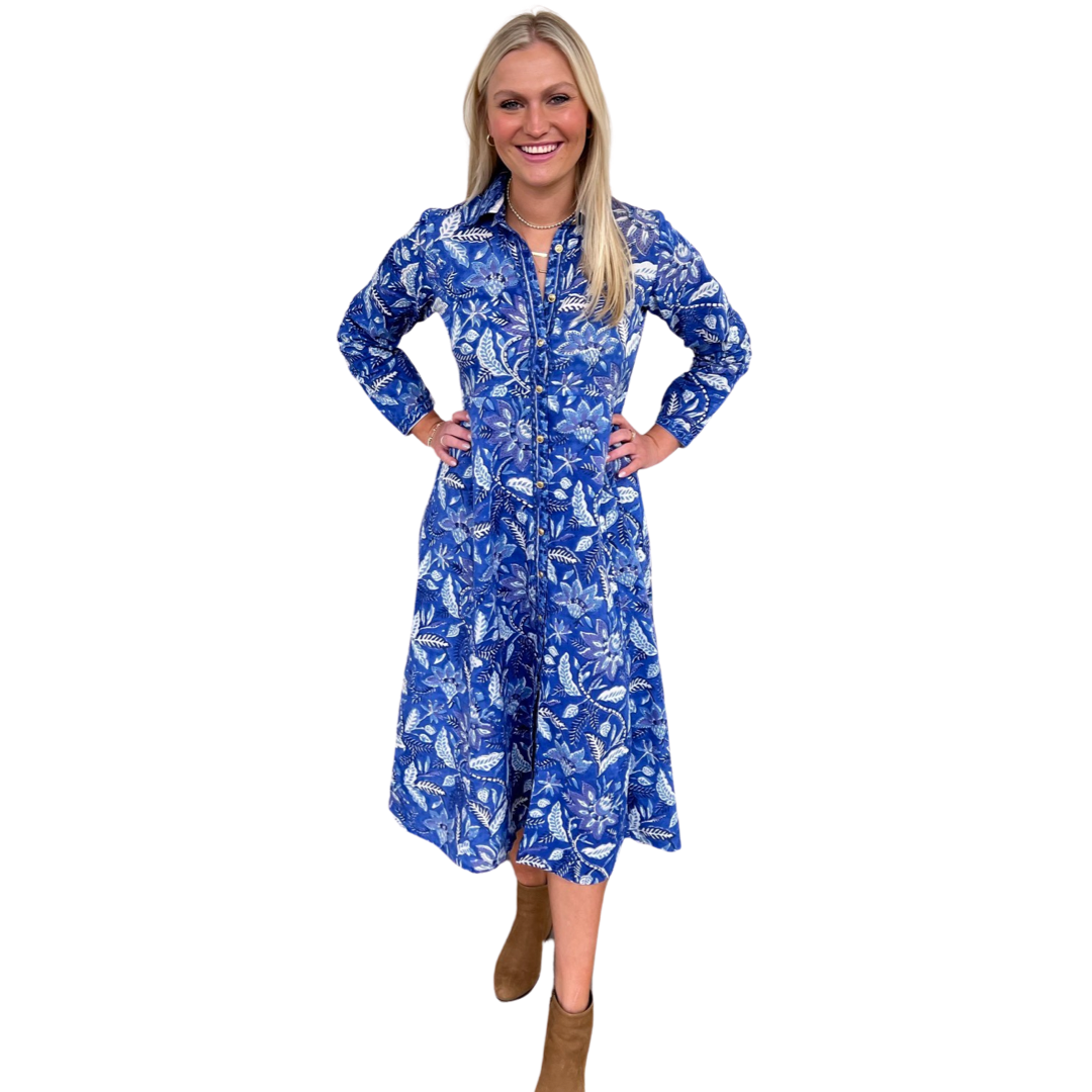 The Marion Cotton Button Front Hand Block Dress in Brilliant Blue Floral