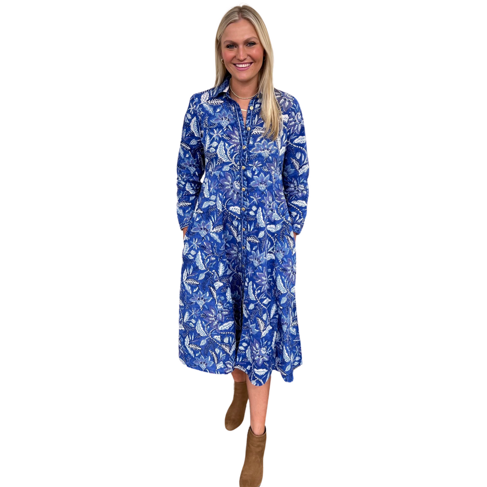 The Marion Cotton Button Front Hand Block Dress in Brilliant Blue Floral — view 2