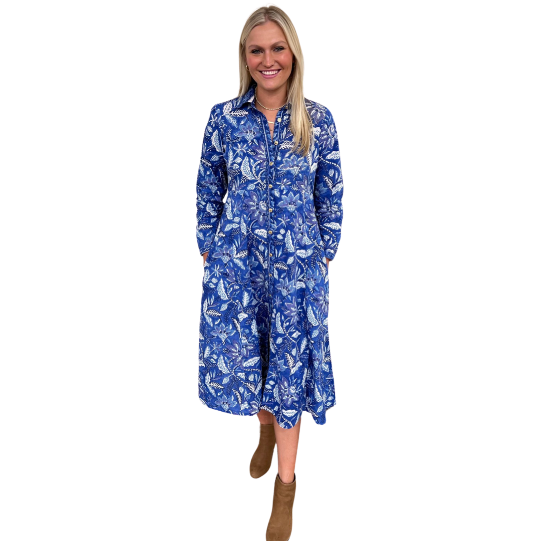 The Marion Cotton Button Front Hand Block Dress in Brilliant Blue Floral — view 2