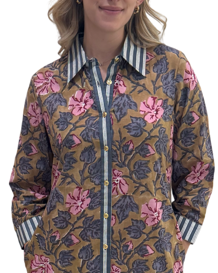 The Erika Dress in Camel Hand Block Printed Floral — view 4