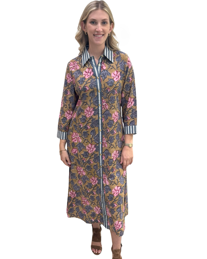 The Erika Dress in Camel Hand Block Printed Floral