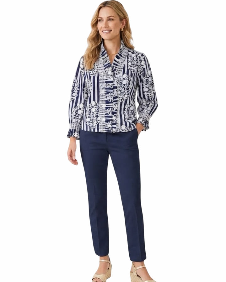 The Amelia Cotton Ruffle Top in Navy Striped Floral Print