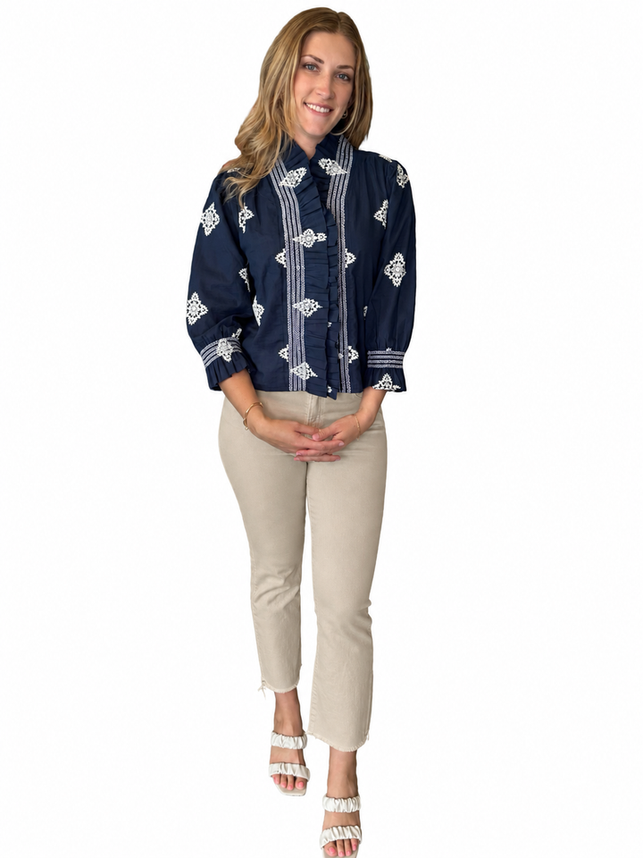 The Amelia Smocked Ruffle Top in Navy with White Embroidery