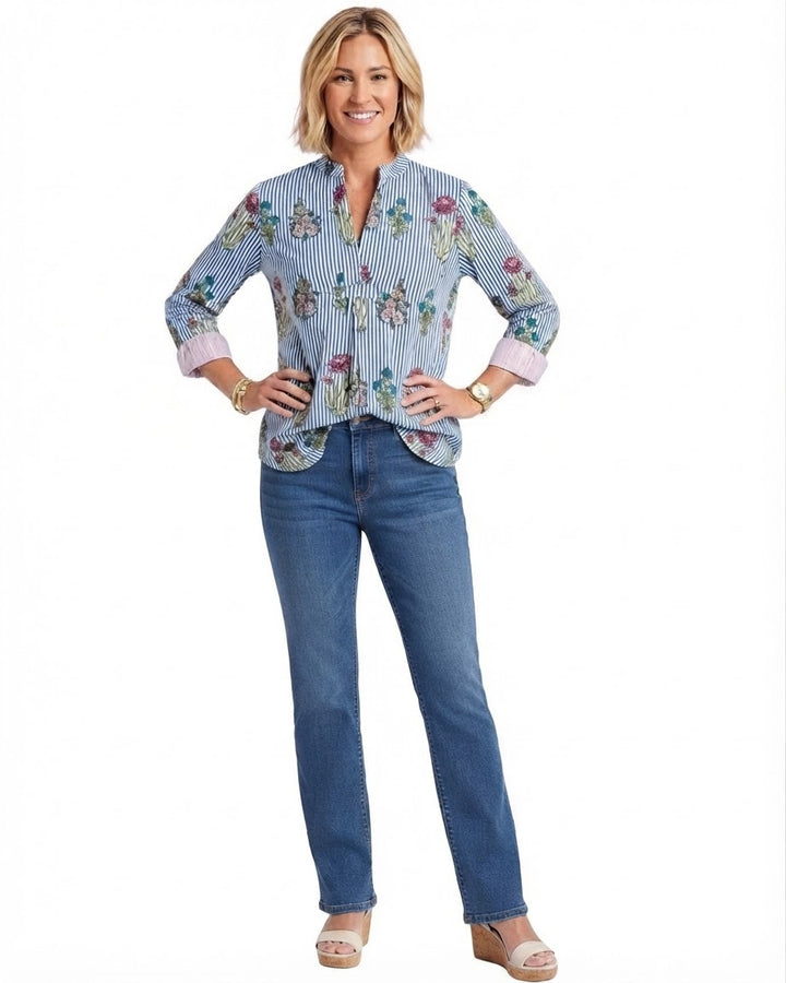 The Eloise Cotton Hand Block Printed Top in Blue Striped Floral