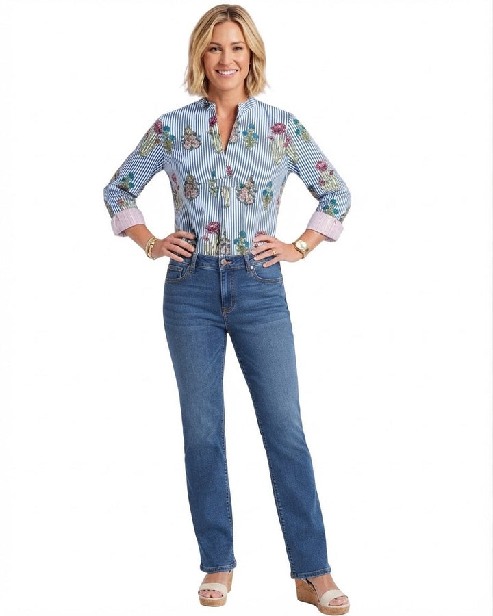 The Eloise Cotton Hand Block Printed Top in Blue Striped Floral