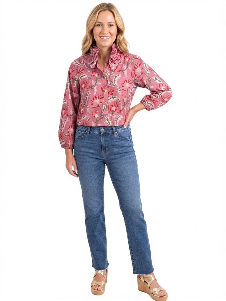 The Maria Ruffle Neck Blouse in Pink Rose Hand Block Printed Floral
