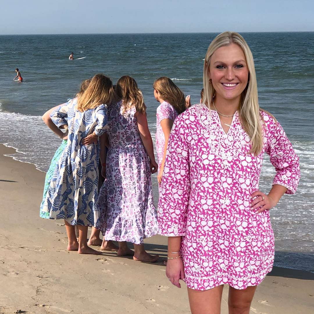 The Key Largo Embroidered Hand Blocked Cover-Up Tunic in Pink and White — view 10
