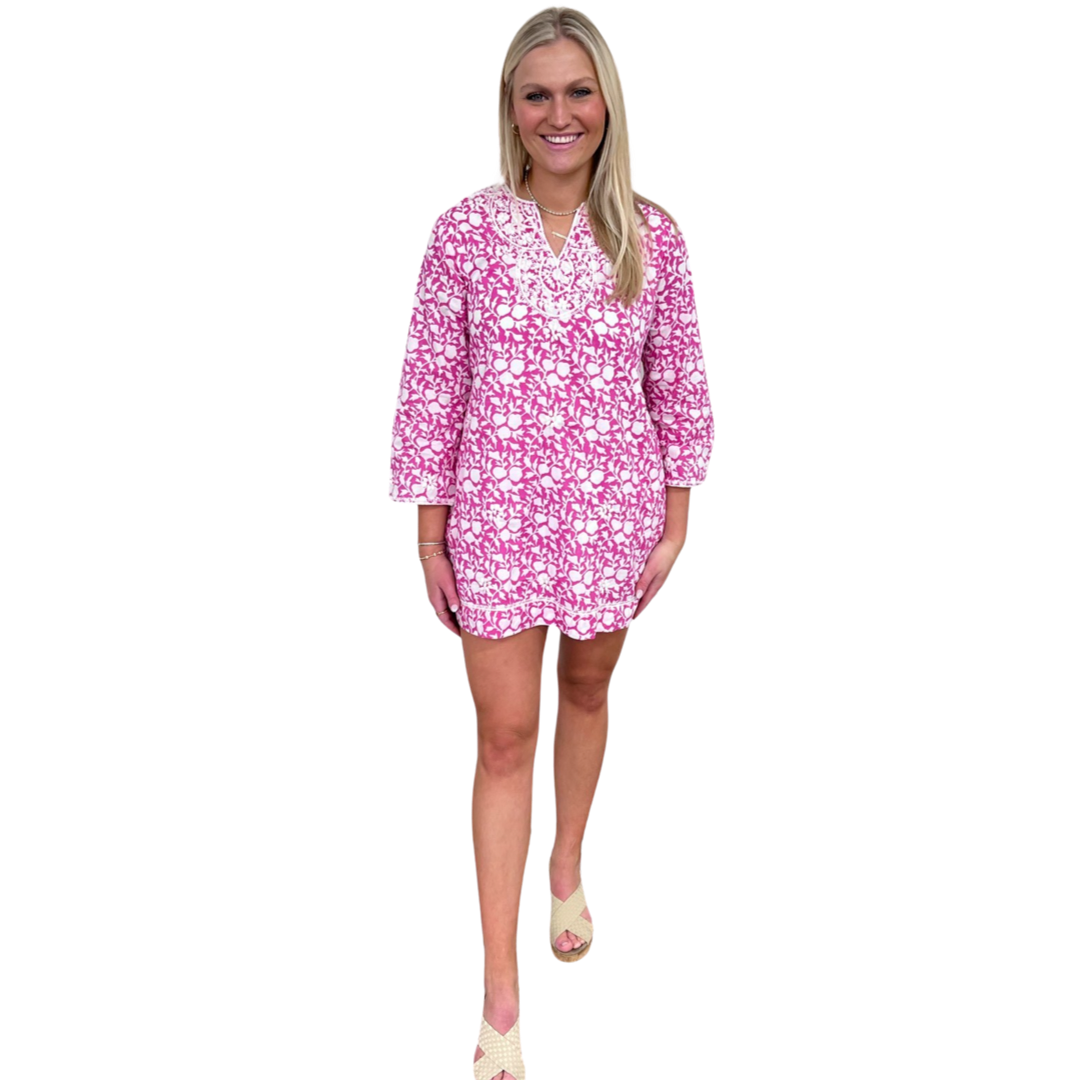 The Key Largo Embroidered Hand Blocked Cover-Up Tunic in Pink and White — view 7