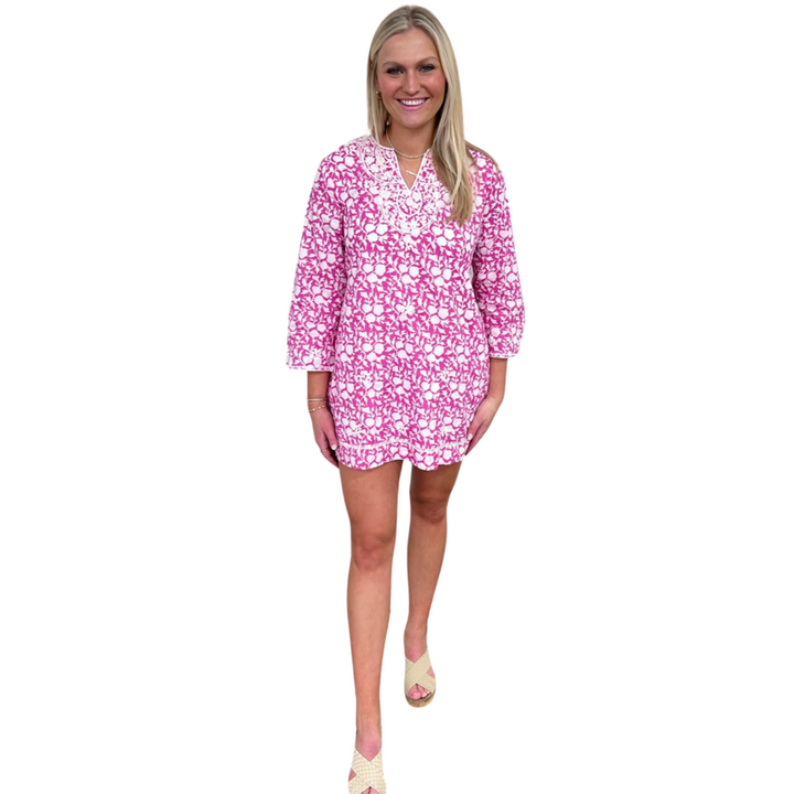 The Key Largo Embroidered Hand Blocked Cover-Up Tunic in Pink and White — view 7