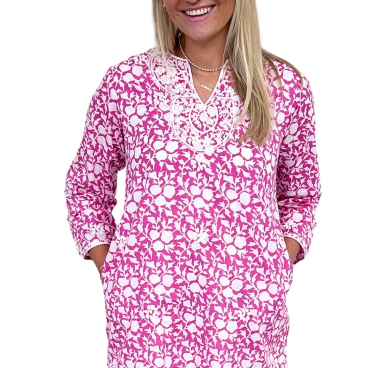 The Key Largo Embroidered Hand Blocked Cover-Up Tunic in Pink and White — view 6