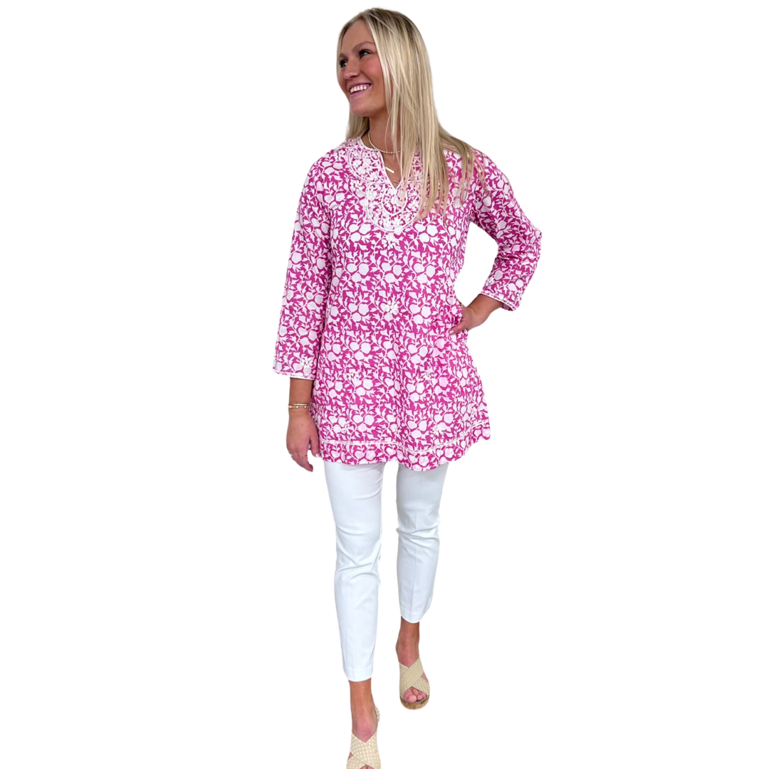 The Key Largo Embroidered Hand Blocked Cover-Up Tunic in Pink and White — view 4