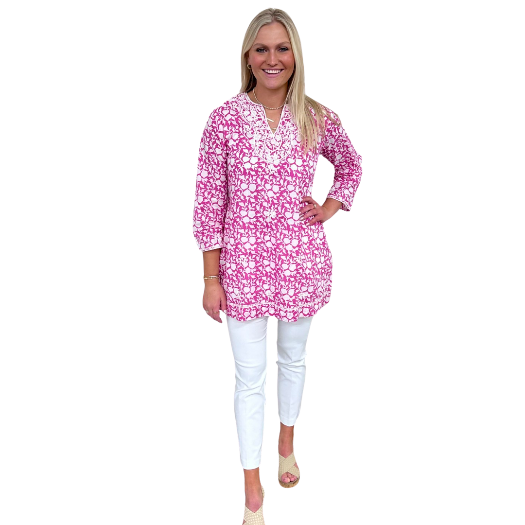The Key Largo Embroidered Hand Blocked Cover-Up Tunic in Pink and White — view 3