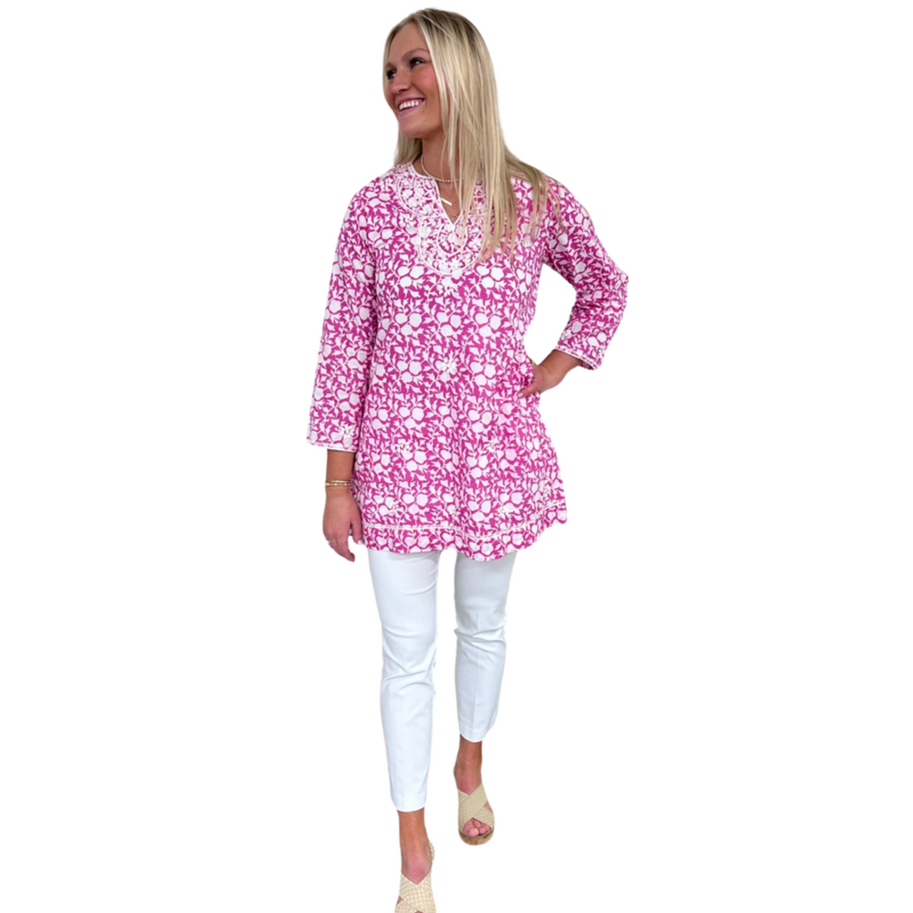 The Key Largo Embroidered Hand Blocked Cover-Up Tunic in Pink and White — view 2