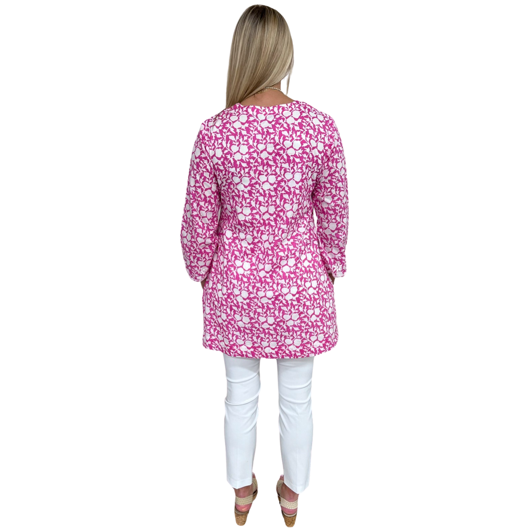 The Key Largo Embroidered Hand Blocked Cover-Up Tunic in Pink and White — view 8