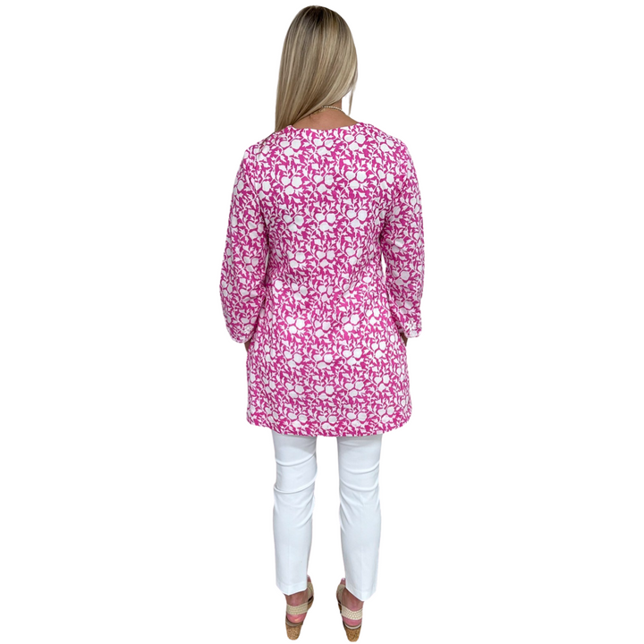 The Key Largo Embroidered Hand Blocked Cover-Up Tunic in Pink and White — view 8