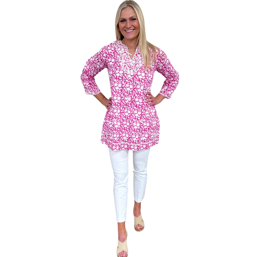 The Key Largo Embroidered Hand Blocked Cover-Up Tunic in Pink and White
