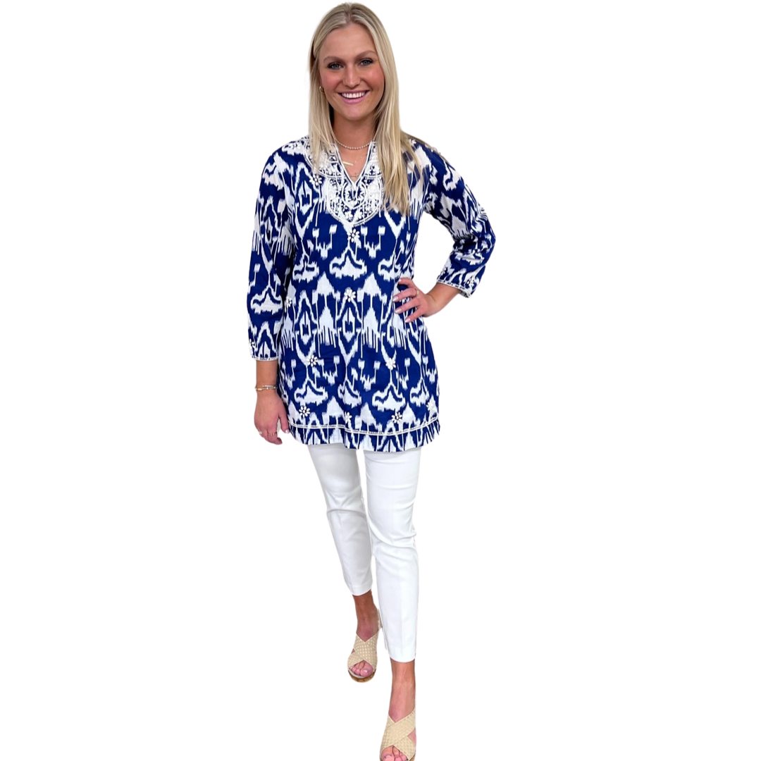 The Key Largo Embroidered Ikat Print Tunic in Blue and White