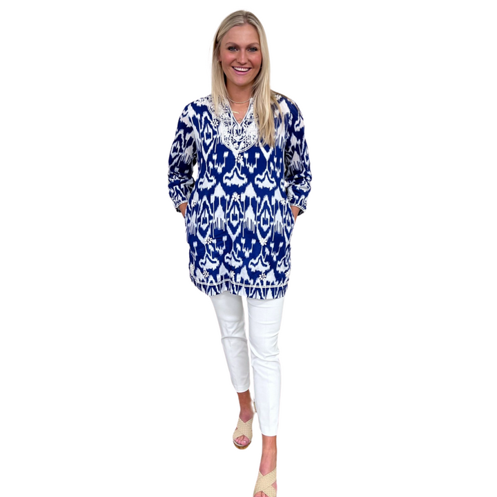 The Key Largo Embroidered Ikat Print Tunic in Blue and White — view 2